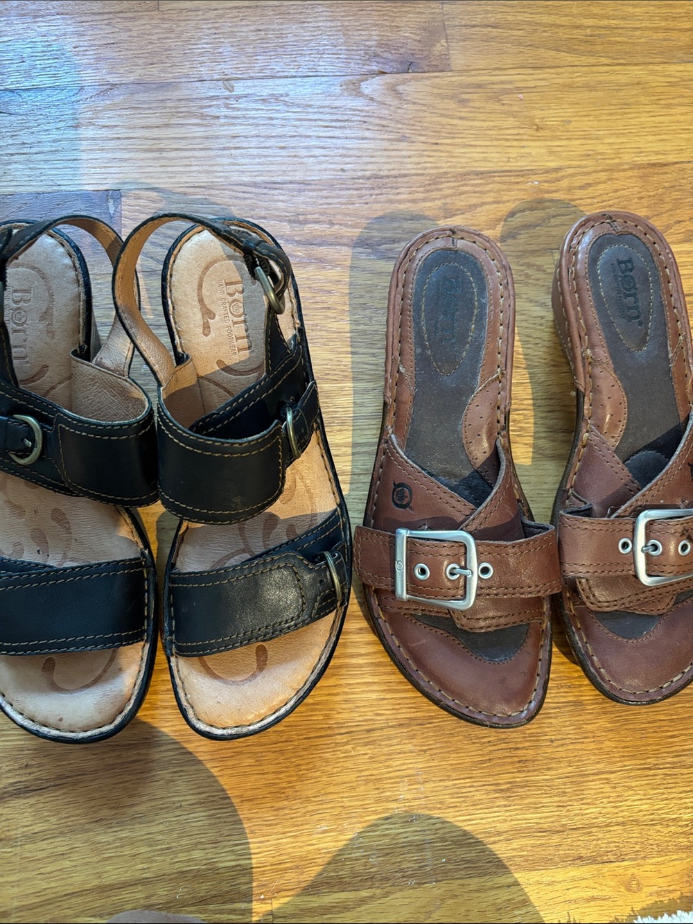 2 pair of Born Black Leather with Buckle Strap Sandals and brown buckle sandals